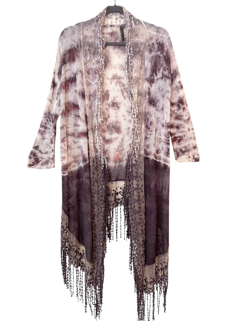 XCVI Embroidered Open Front Kimono Cotton Purple Tie-Dye Mesh Fringe Boho Hippie